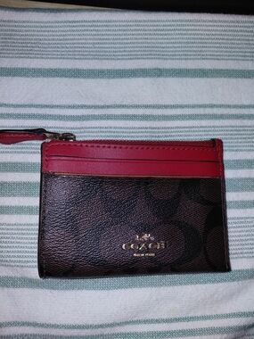 Coach Brown Signature Card Case with Red Trim